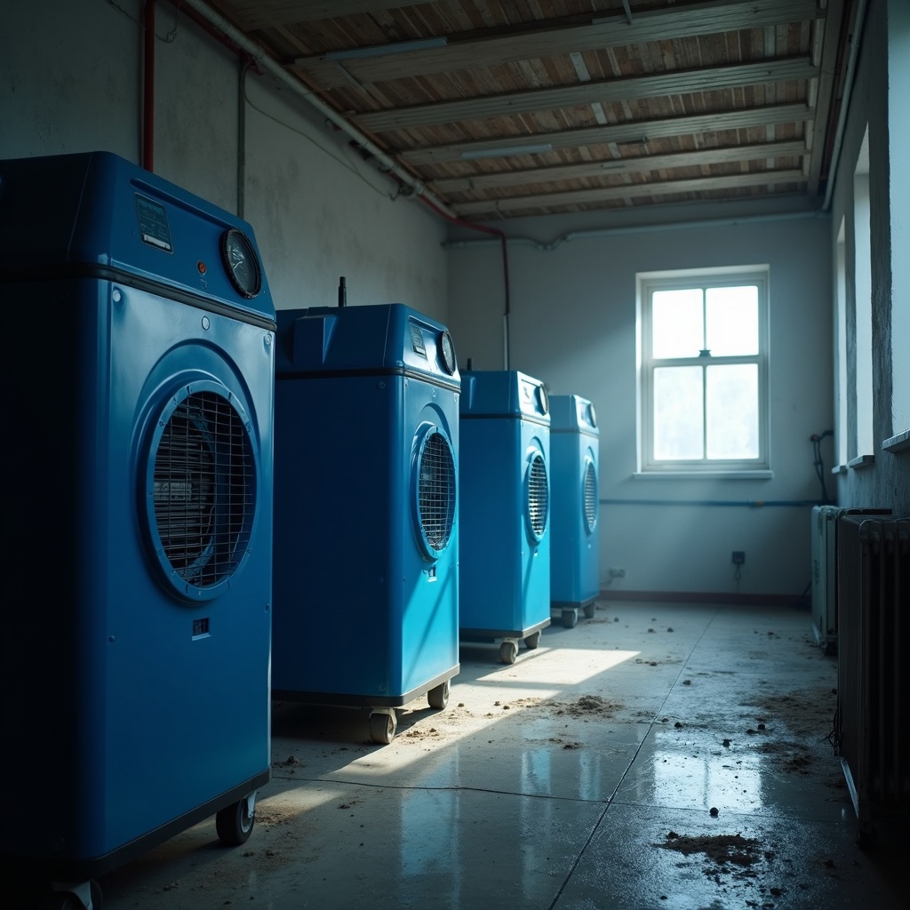 A row of blue industrial dehumidifiers and drying fans running inside a water damaged room