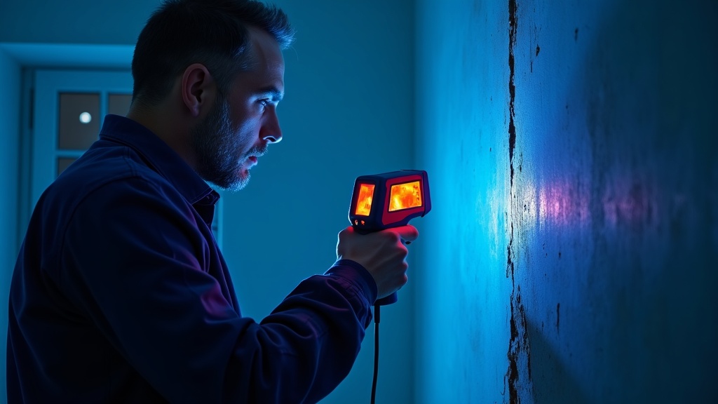 Coastal Structural Drying technician using a thermal-imaging camera to inspect a wall for moisture