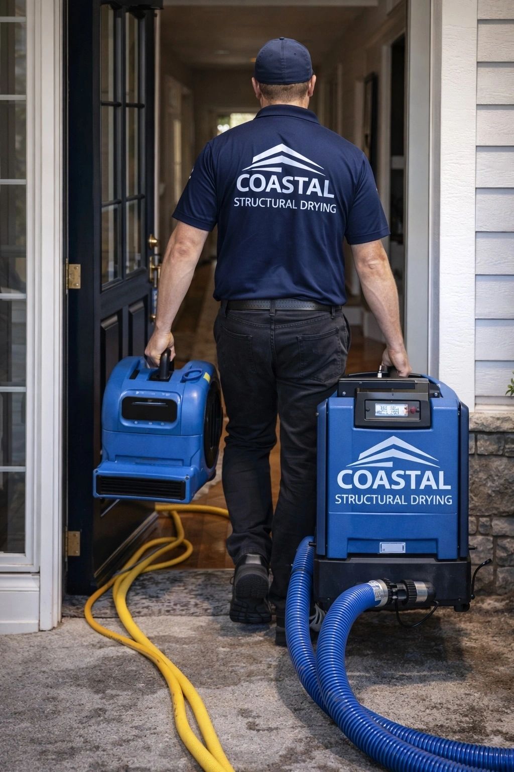 Coastal Structural Drying technician carrying equipment into a home